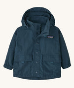 The Patagonia Little Kids Outdoor Everyday Jacket in the Tidepool Blue colour way on a plain background. 