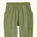 Patagonia recycled nylon little kids outdoor everyday pants in green showing elasticated waist band and side pockets