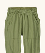 Patagonia recycled nylon little kids outdoor everyday pants in green showing elasticated waist band and side pockets