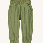 The Patagonia Little Kids Outdoor Everyday Pants in a Buckhorn Green colour on a plain background.