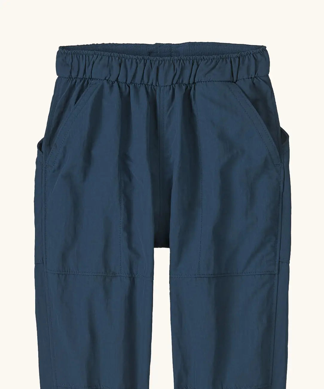 Patagonia recycled nylon little kids outdoor everyday pants in navy showing elasticated waist band and side pockets