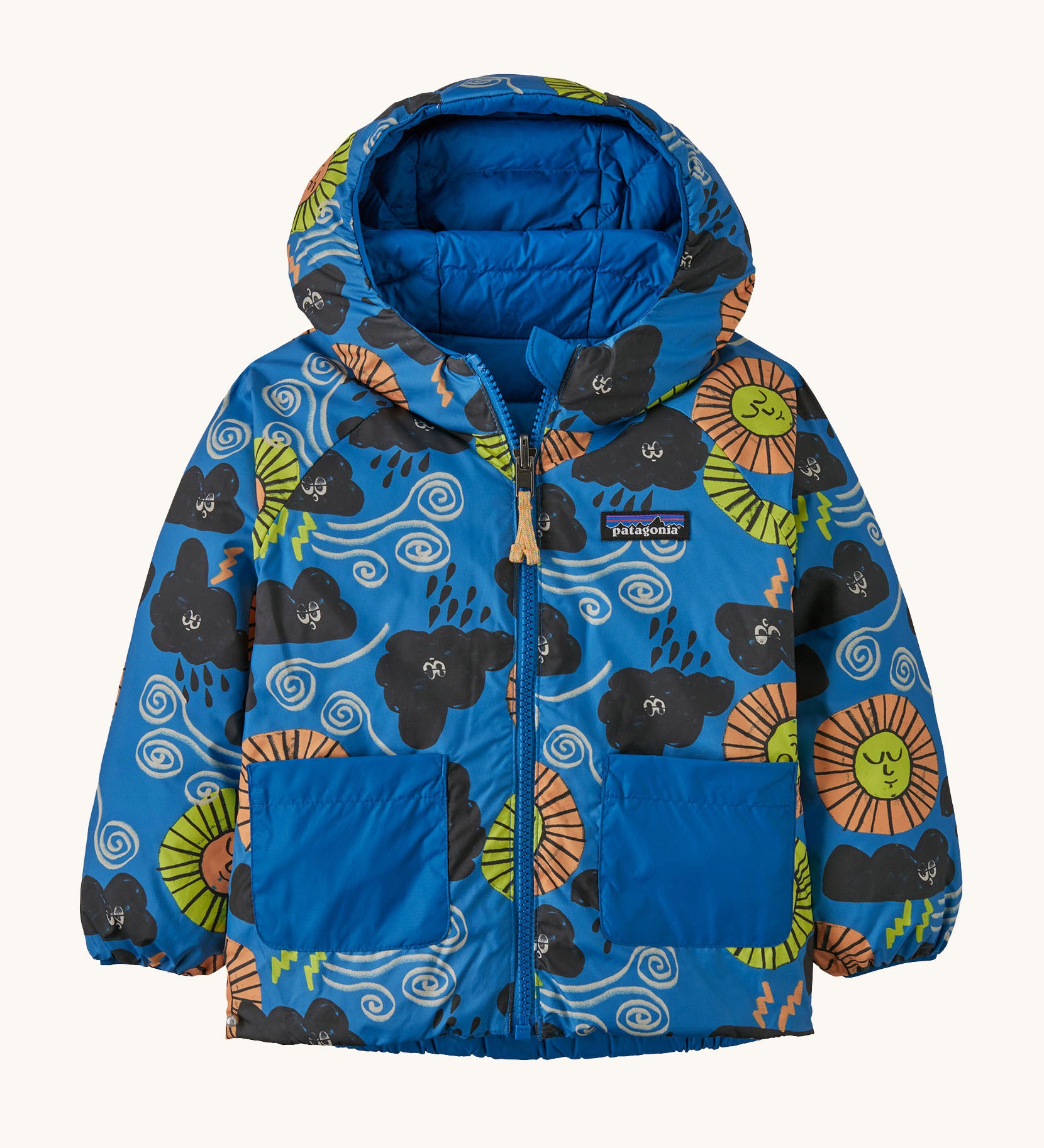 Patagonia Little Kids Reversible Down Sweater Hoody - Forces of Nature: Vessel Blue shown on pattern side.