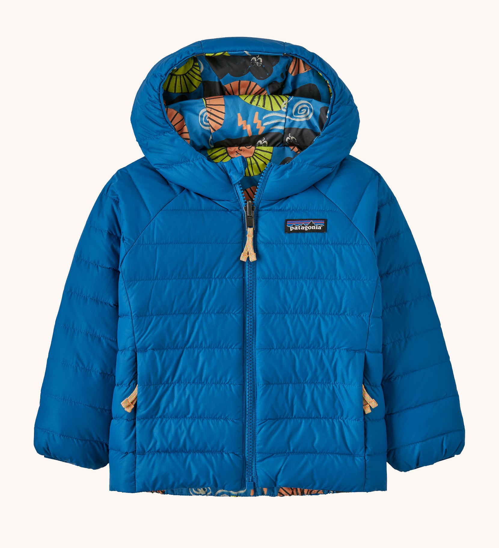 Patagonia Little Kids Reversible Down Sweater Hoody - Forces of Nature: Vessel Blue shown on plain blue side