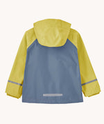 The back of a Patagonia Little Kids Torrentshell 3L Waterproof Jacket in the Nearly Green colourway. A waterproof jacket in a yellow/grey and grey colourblock design. Features a full length zip, a hood with a elasticated cuff, 2 side pockets and a reflective strip on the cuffs.