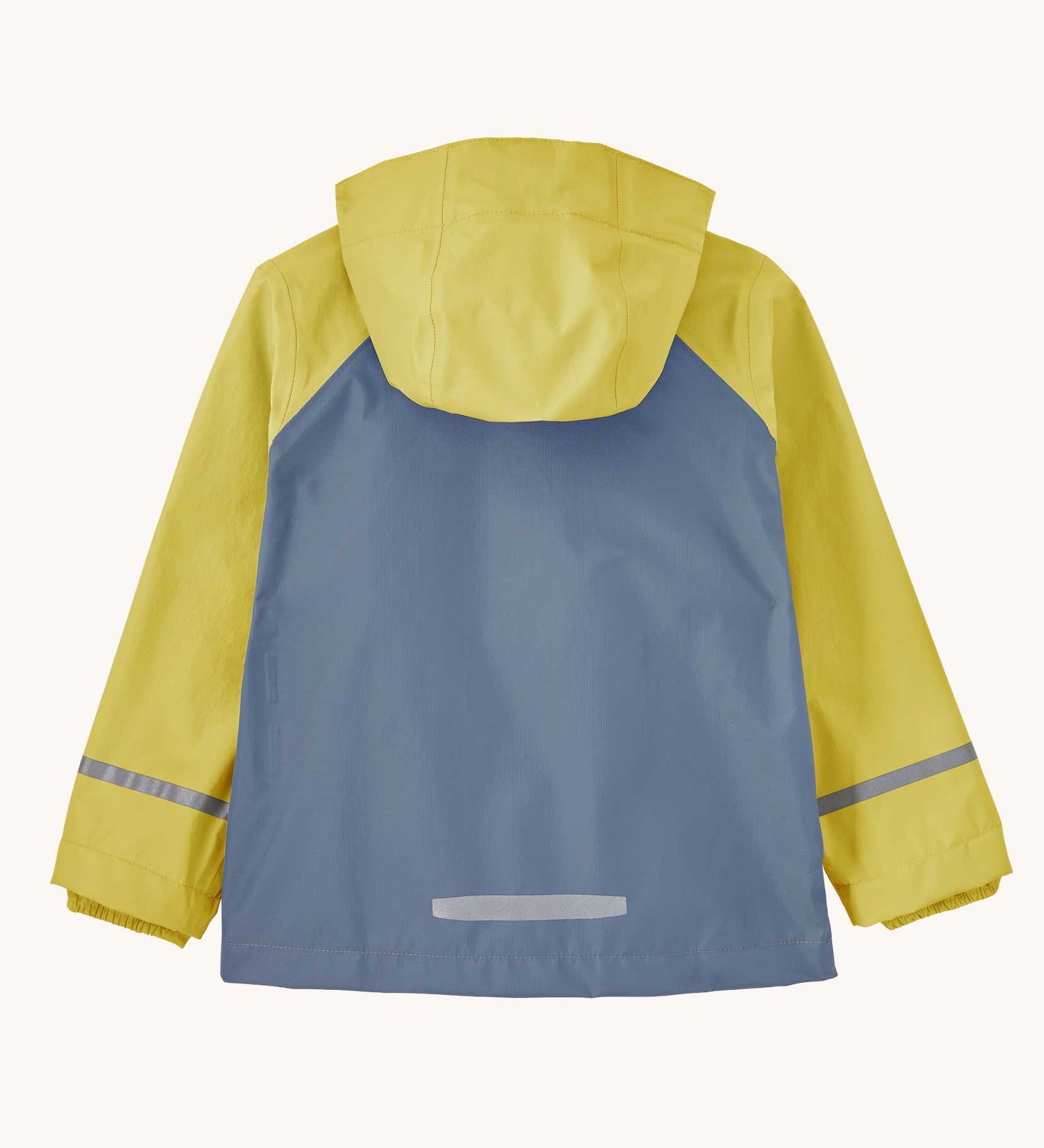 The back of a Patagonia Little Kids Torrentshell 3L Waterproof Jacket in the Nearly Green colourway. A waterproof jacket in a yellow/grey and grey colourblock design. Features a full length zip, a hood with a elasticated cuff, 2 side pockets and a reflective strip on the cuffs.