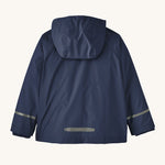 A view of the back of the Patagonia Little Kids Torrentshell 3L Waterproof Jacket in a New Navy colour on a plain background. 