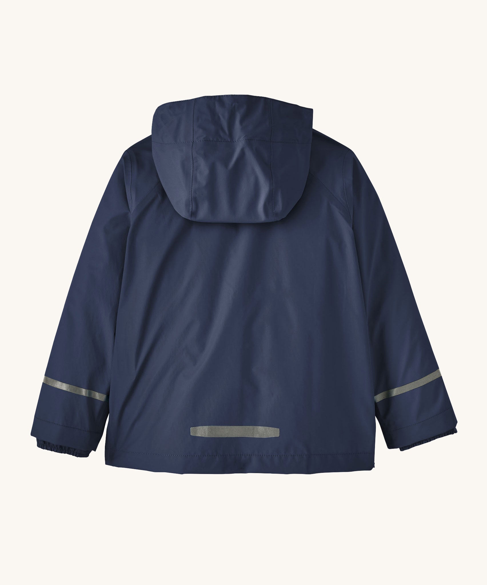 A view of the back of the Patagonia Little Kids Torrentshell 3L Waterproof Jacket in a New Navy colour on a plain background. 
