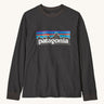 Patagonia organic cotton kids long sleeve t-shirt in black. Features a large logo print on the front panel. 