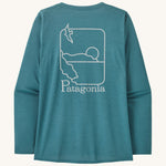 Patagonia women's long sleeve capilene top in turquoise beach outline design on a cream background.