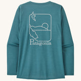 Patagonia women's long sleeve capilene top in turquoise beach outline design on a cream background.