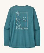 Patagonia women's long sleeve capilene top in turquoise beach outline design on a cream background.