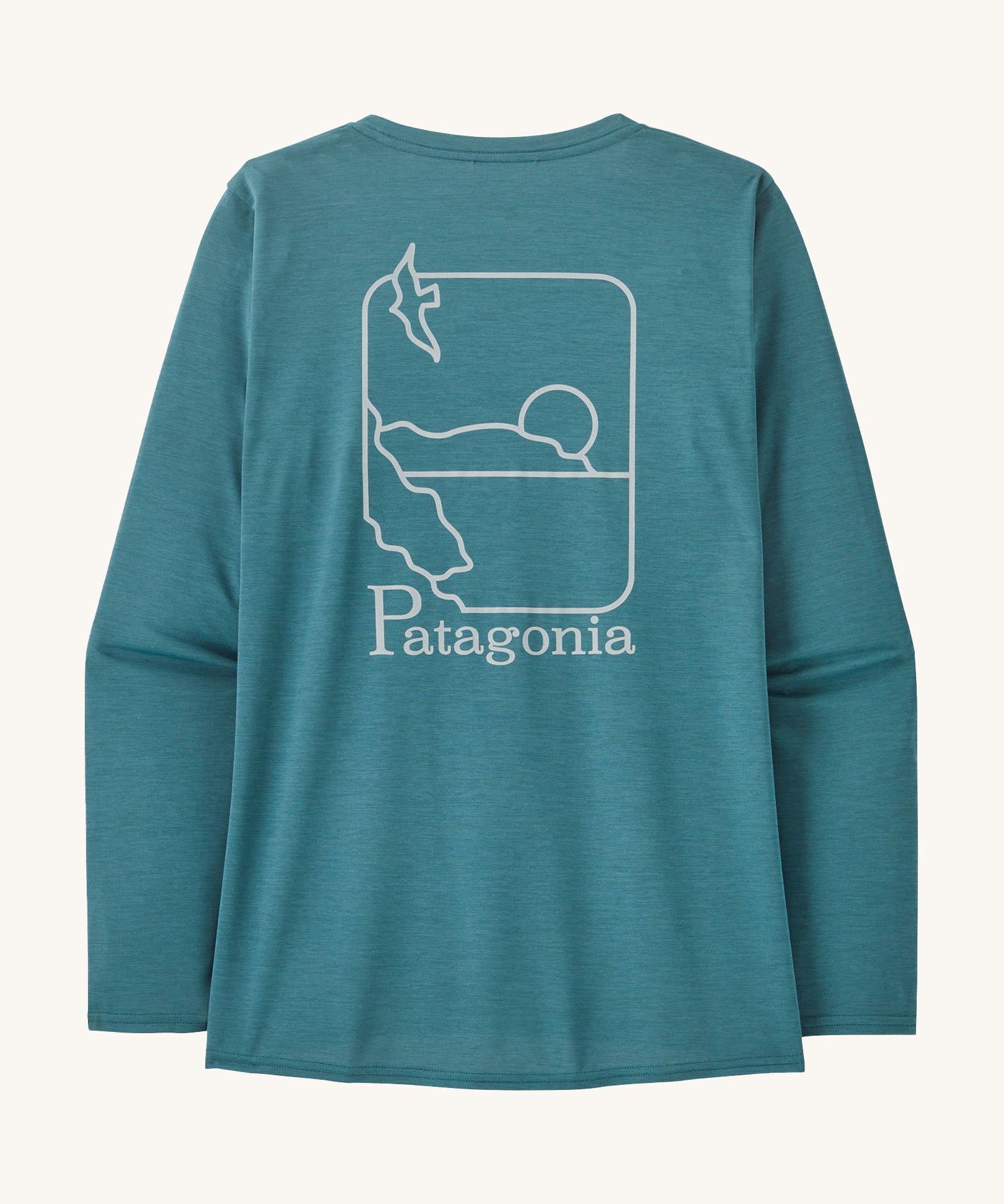 Patagonia women's long sleeve capilene top in turquoise beach outline design on a cream background.