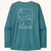 Patagonia women's long sleeve capilene top in turquoise beach outline design on a cream background.