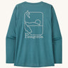 Patagonia women's long sleeve capilene top in turquoise beach outline design on a cream background.