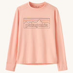 Patagonia kids long sleeve tshirt in a light pink colour with logo outline on a cream background.
