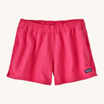 Patagonia women's barely baggies shorts in bright pink on a cream background.