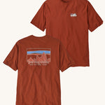 Patagonia Men's 73 Skyline Organic T-Shirt Burnished Red on a plain background showing both front and back
