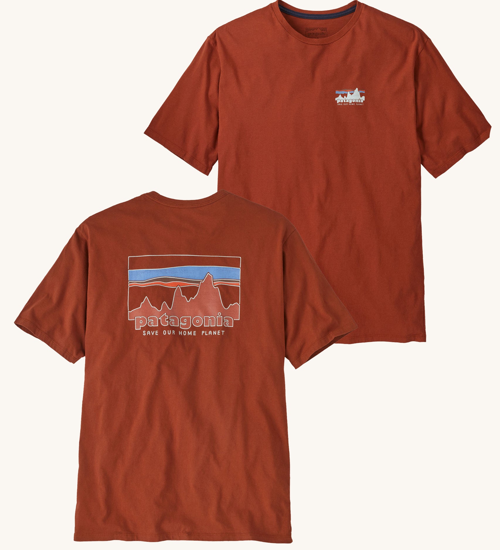 Patagonia Men's 73 Skyline Organic T-Shirt Burnished Red on a plain background showing both front and back