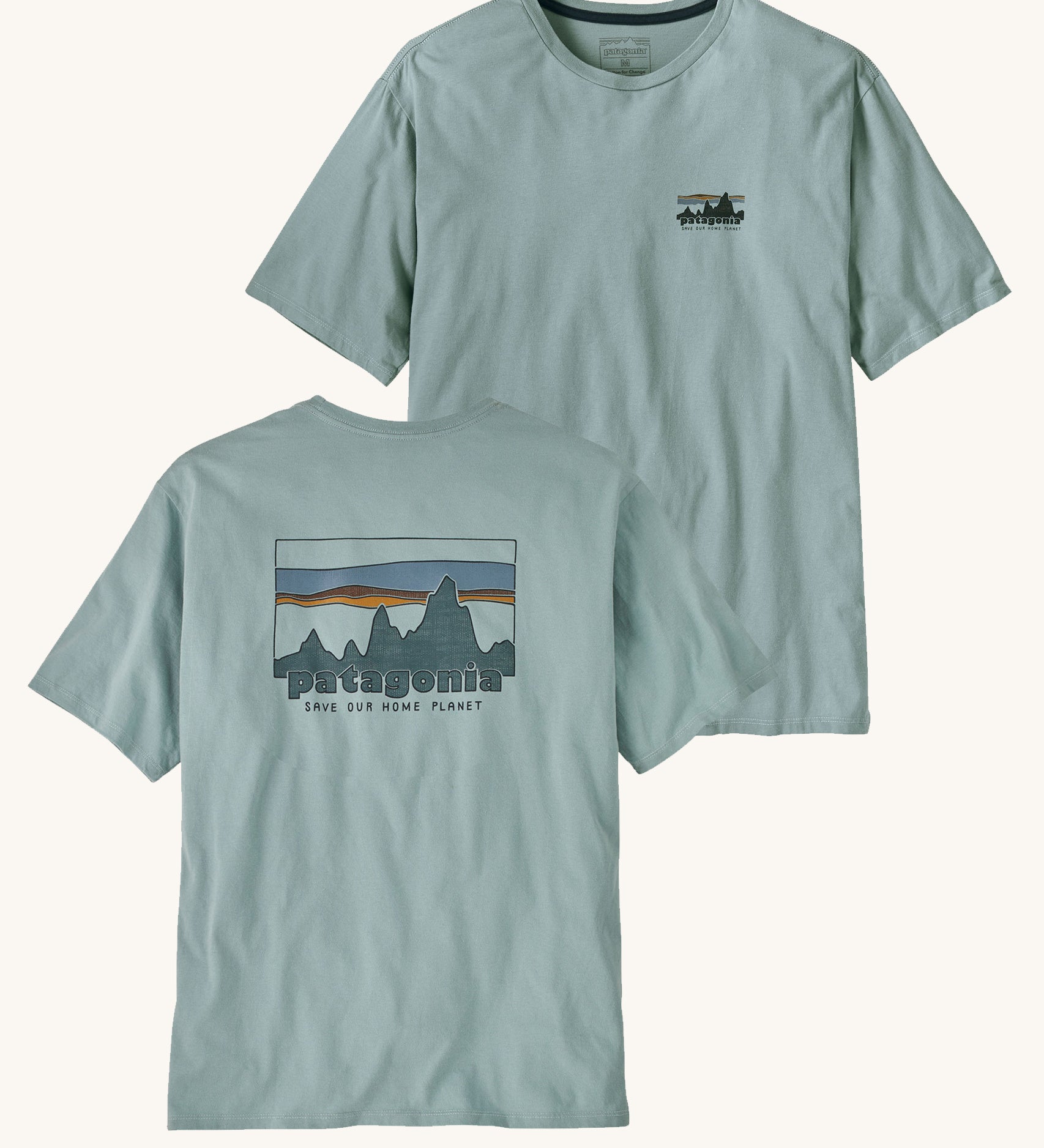 Patagonia Men's 73 Skyline Organic T-Shirt Thermal Blue on a plain background showing both front and back