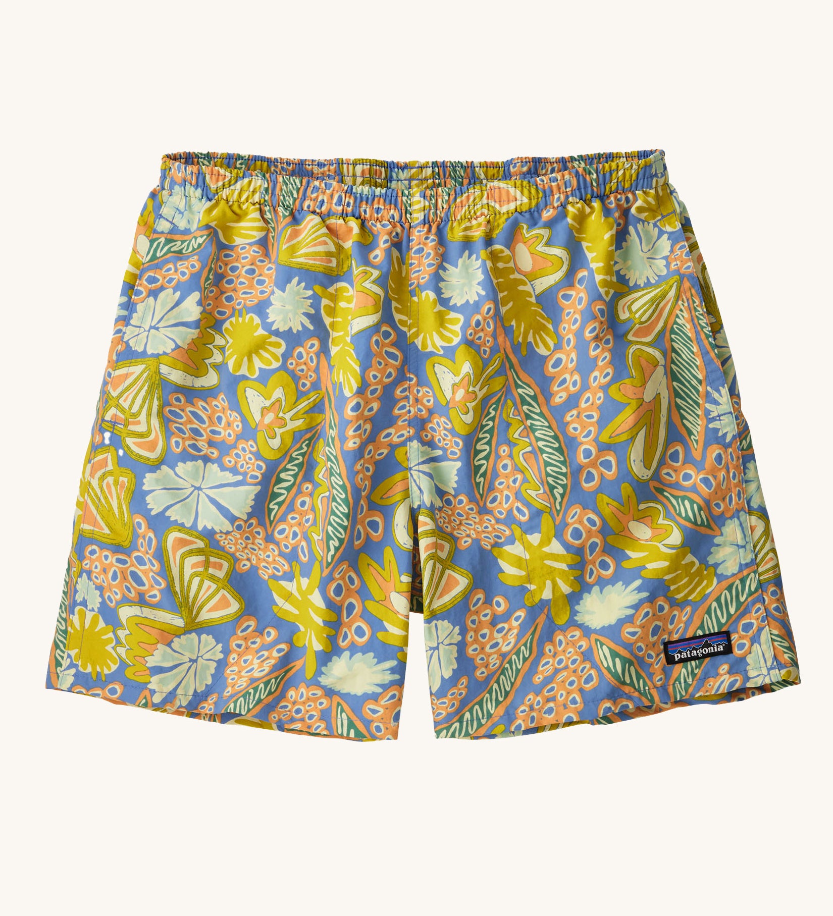 The Patagonia Men's Baggies Beach Shorts - Flourish / Abundant Blue on a plain background. 