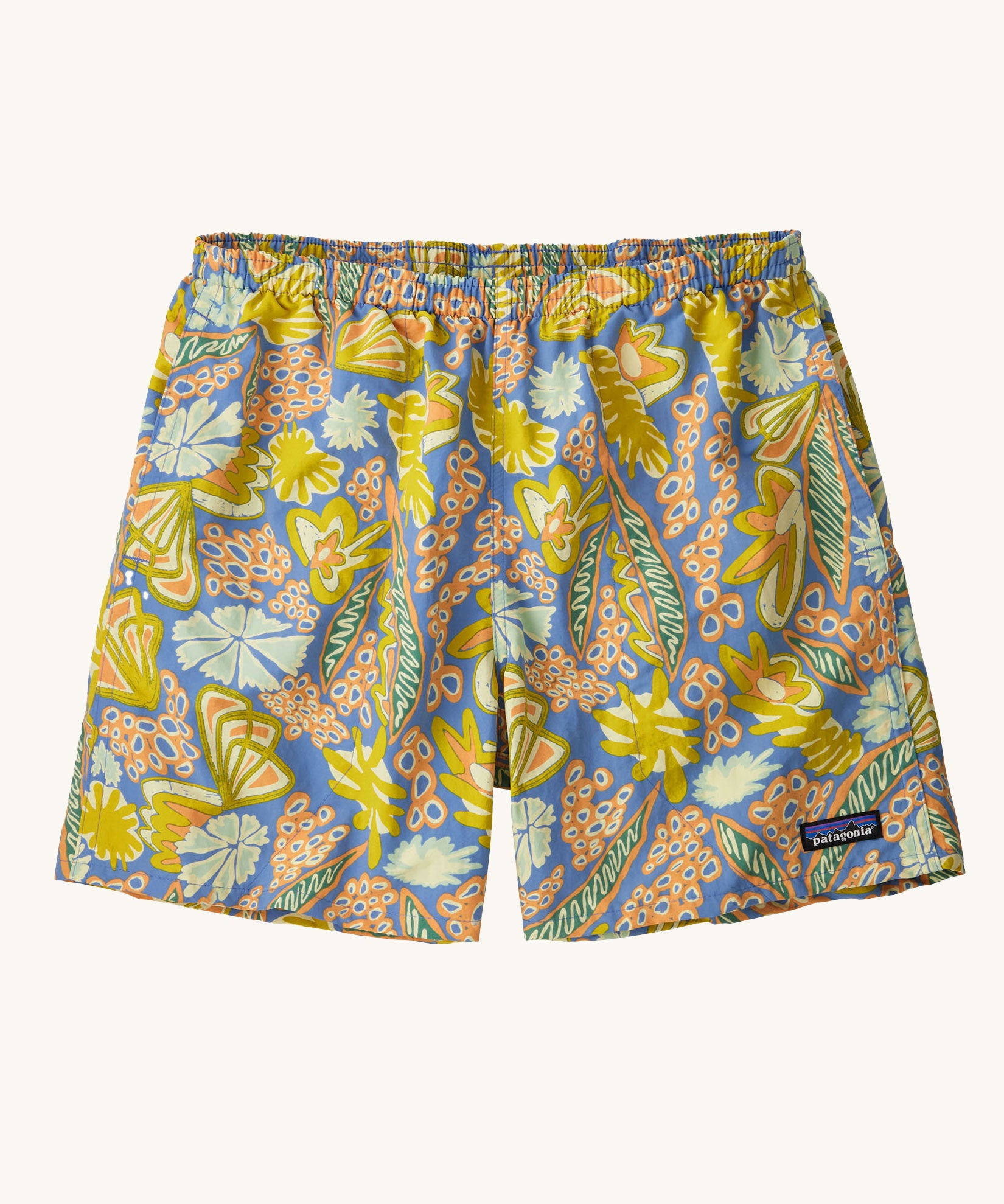 The Patagonia Men's Baggies Beach Shorts - Flourish / Abundant Blue on a plain background. 