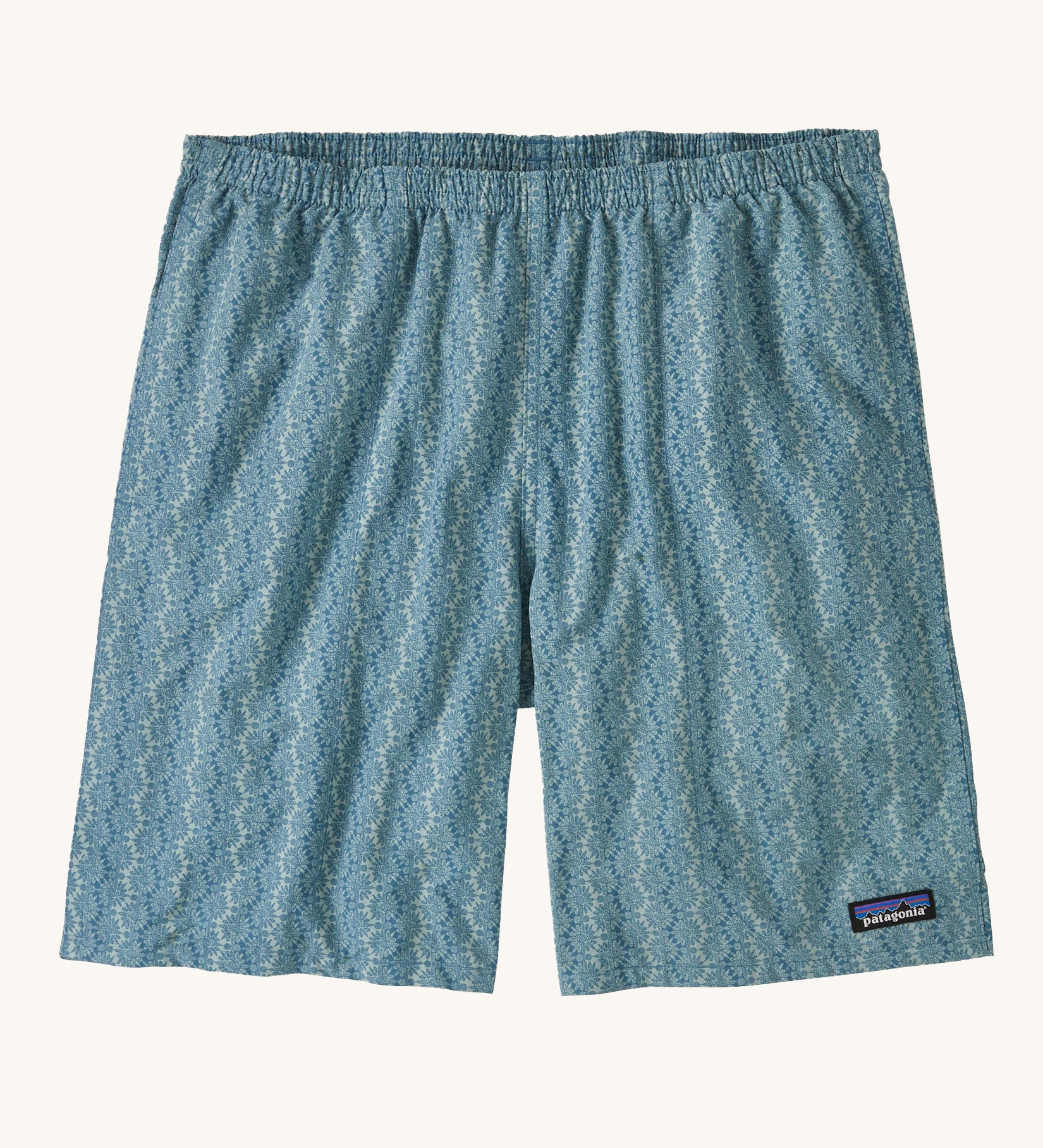 The Patagonia Men's Baggies Shorts Longs with a Kaleidoscope / Still Blue design on a plain background.