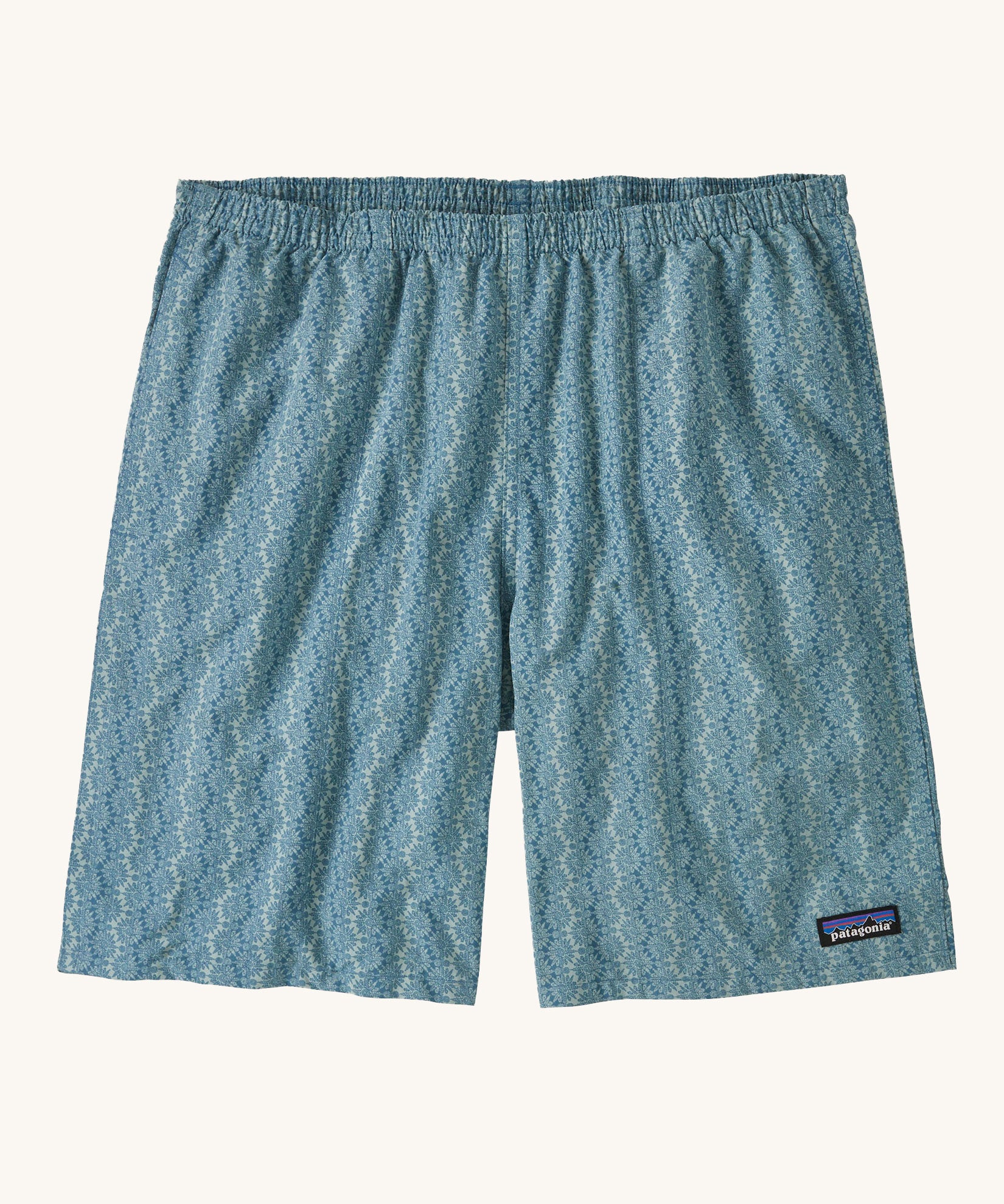 The Patagonia Men's Baggies Shorts Longs with a Kaleidoscope / Still Blue design on a plain background.