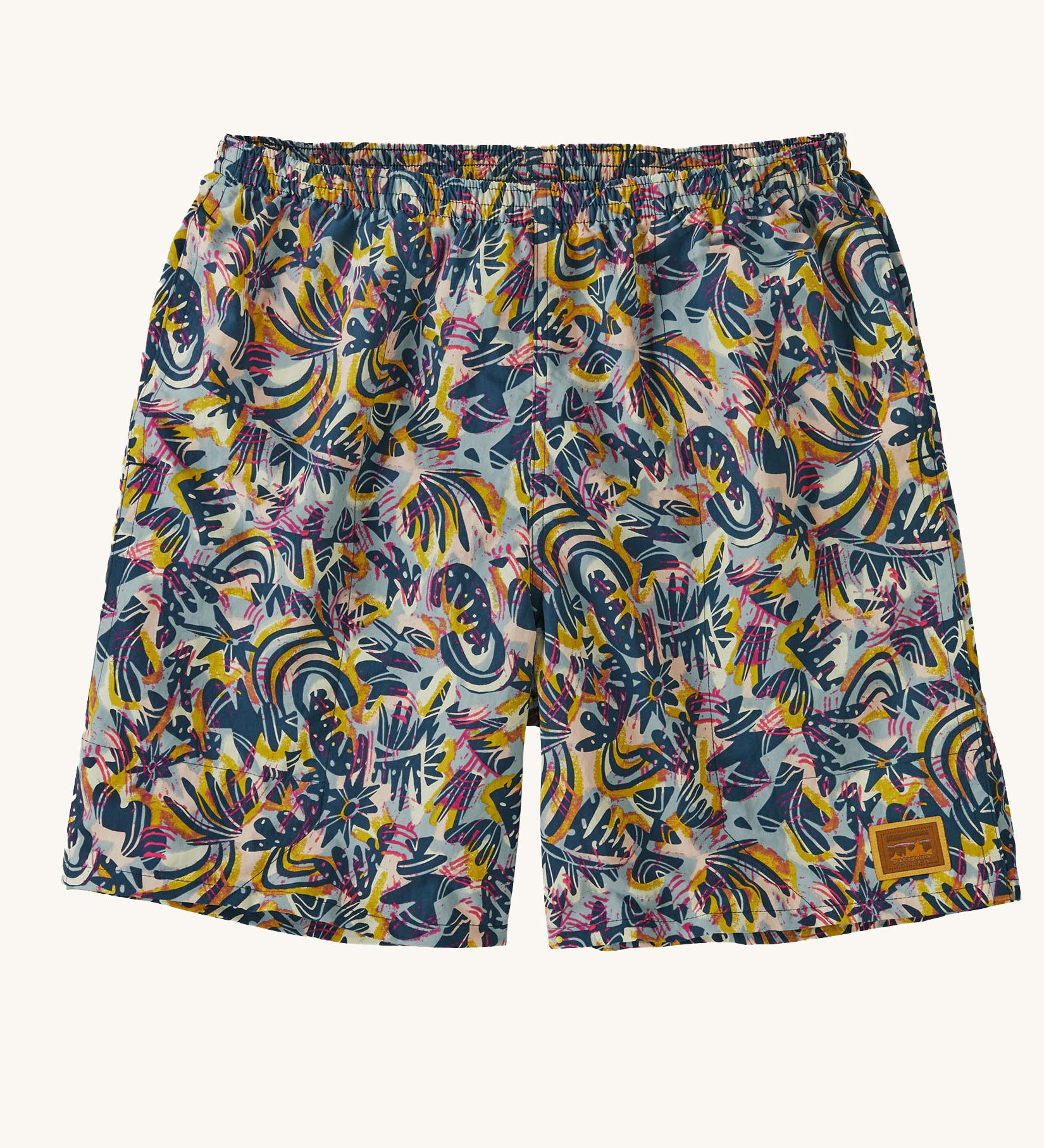 The Patagonia Men's Baggies Shorts Longs with a Wild Botanist / Tidal Teal design on a plain background. 