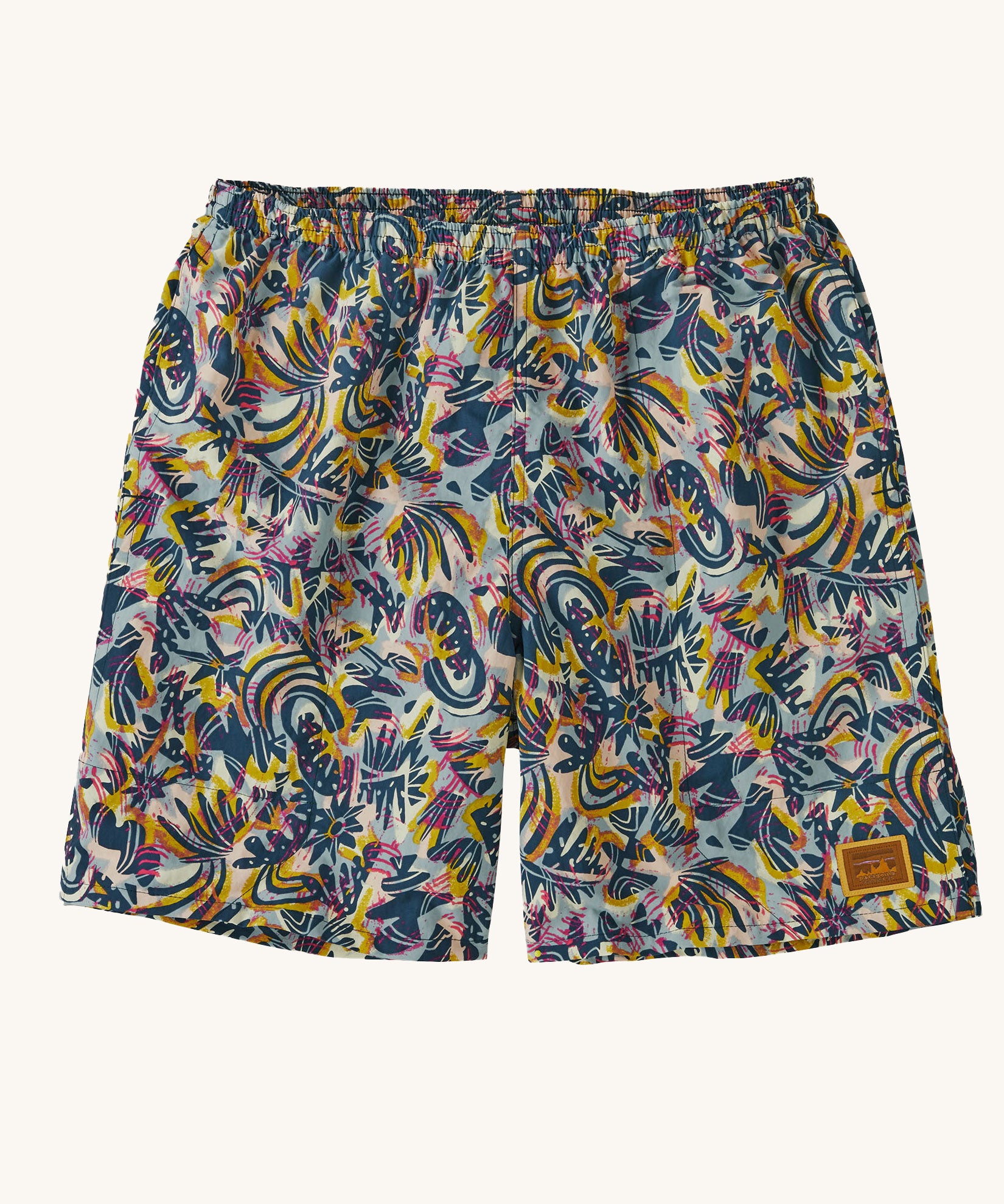 The Patagonia Men's Baggies Shorts Longs with a Wild Botanist / Tidal Teal design on a plain background. 