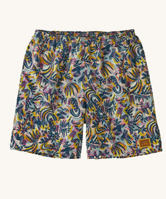The Patagonia Men's Baggies Shorts Longs with a Wild Botanist / Tidal Teal design on a plain background. 