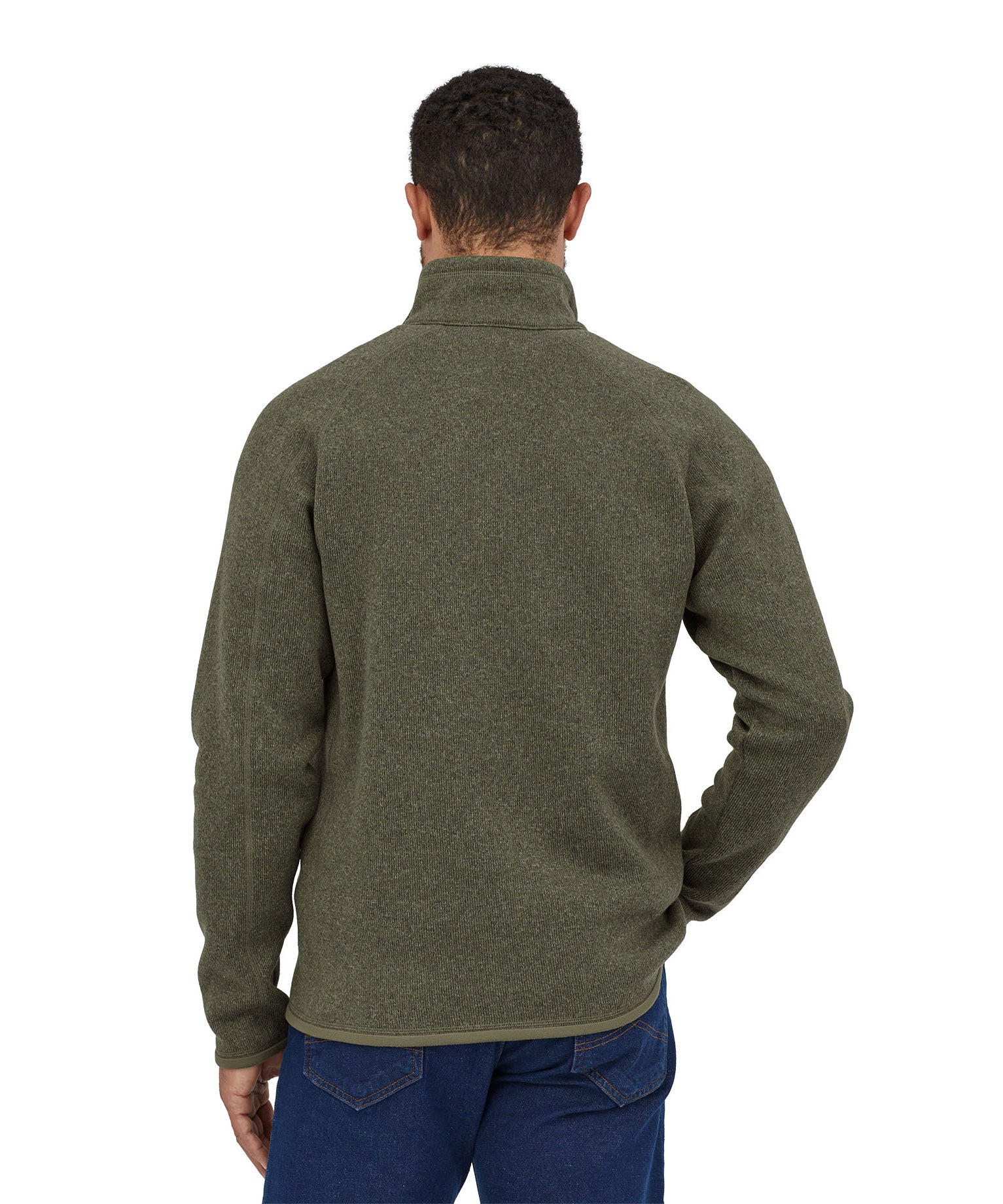 A man wearing the Patagonia Men's Better Sweater quarter Zip Industrial Green showing the back of the top