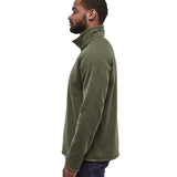 A man wearing the Patagonia Men's Better Sweater quarter Zip Industrial Green showing the side profile