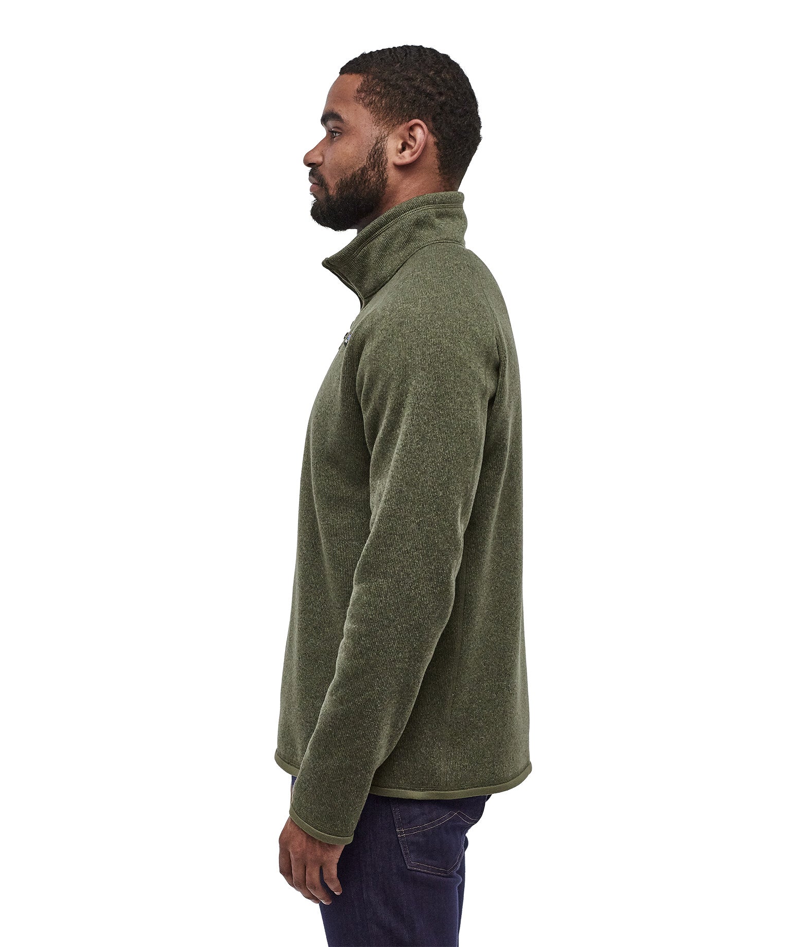 A man wearing the Patagonia Men's Better Sweater quarter Zip Industrial Green showing the side profile