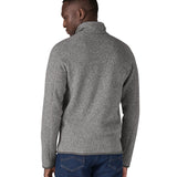 Close up of man stood up wearing the Patagonia stonewash better sweater jacket showing the back stitching detail