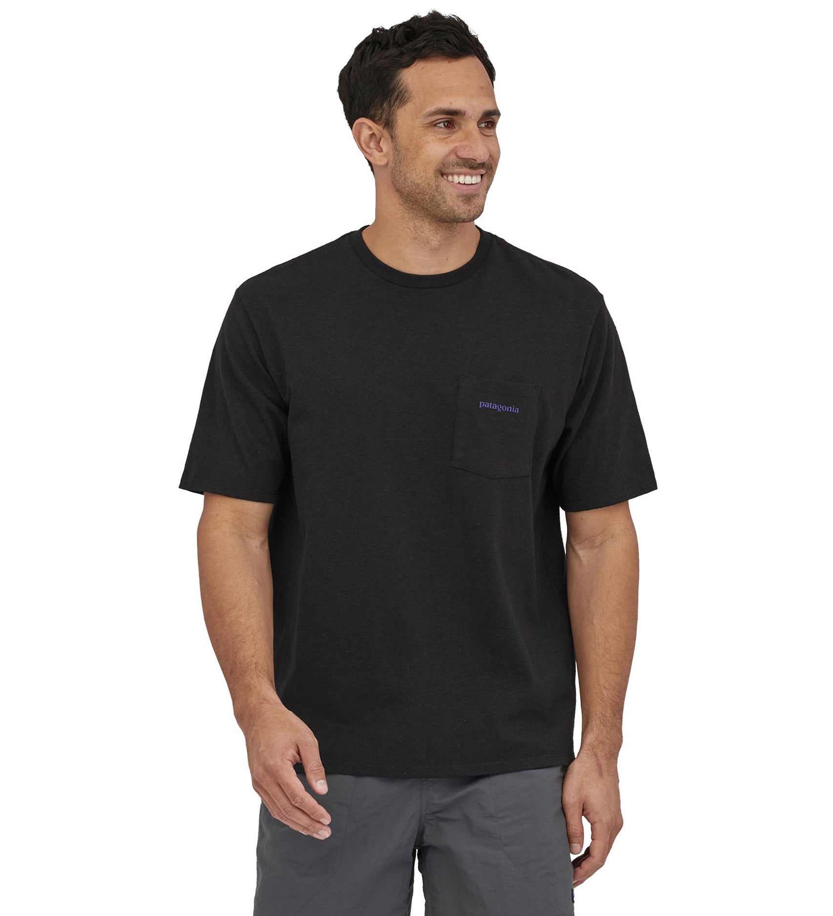 A man wearing a Patagonia Men's Boardshort Logo Pocket Responsibili-Tee Ink Black showing the front