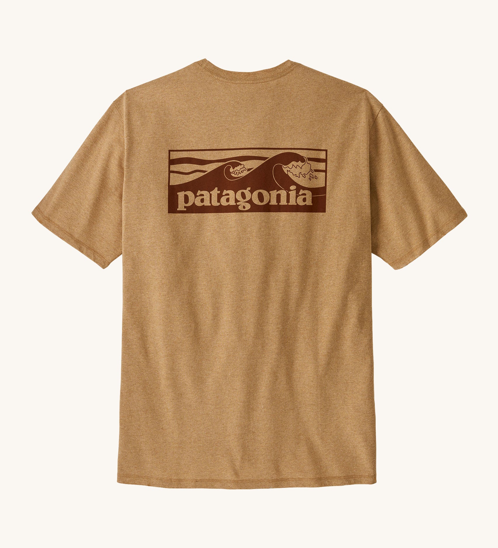 Patagonia men's boardshort logo top in talon gold. A pale gold colour t-shirt with short sleeve with a large branded print on the back. 