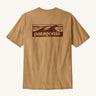 Patagonia men's boardshort logo top in talon gold. A pale gold colour t-shirt with short sleeve with a large branded print on the back. 