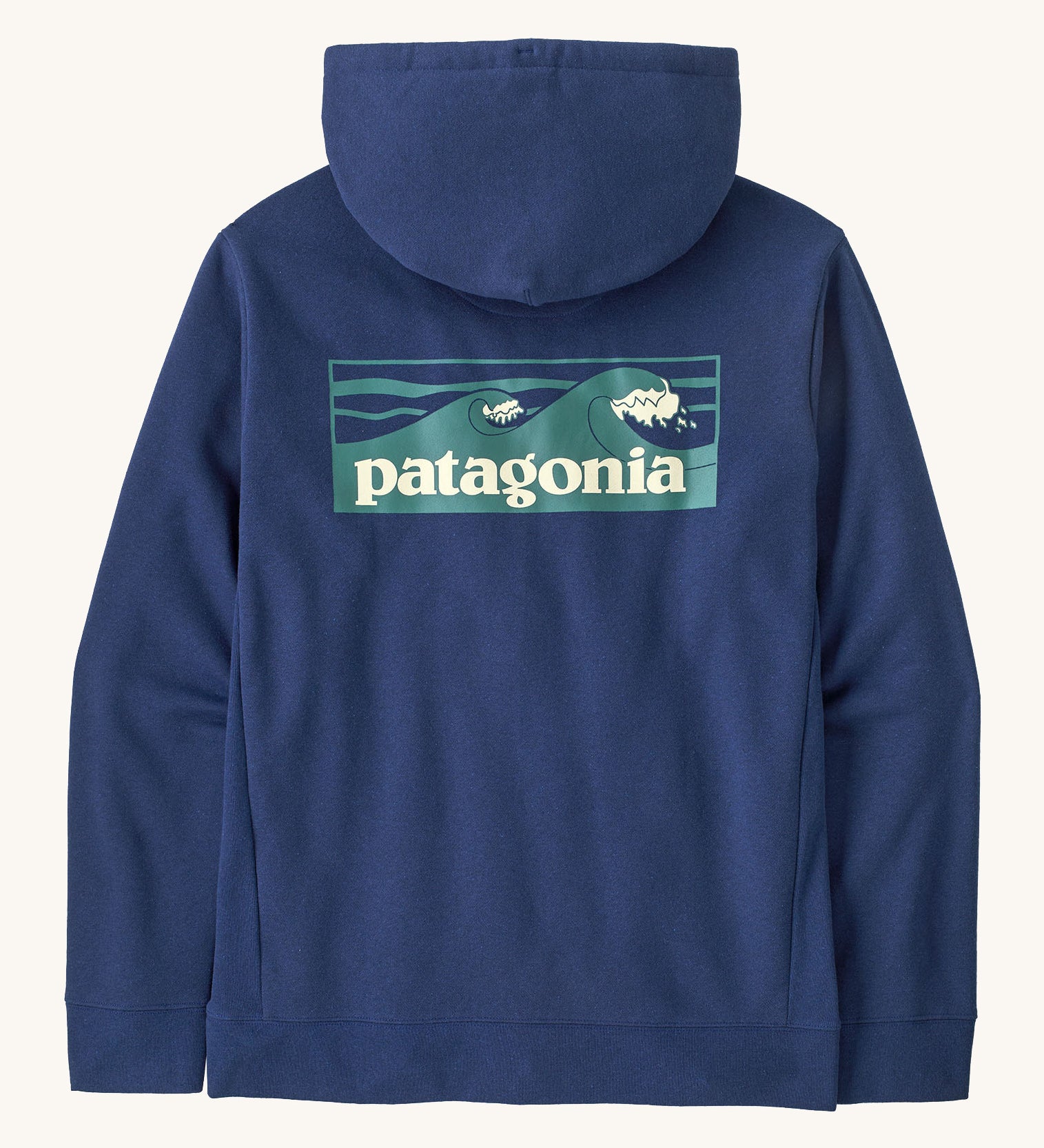 Patagonia men's Boardshort Logo Uprisal Hoody in clement blue. A thick hooded pull over with a large brand patch in a wave design 