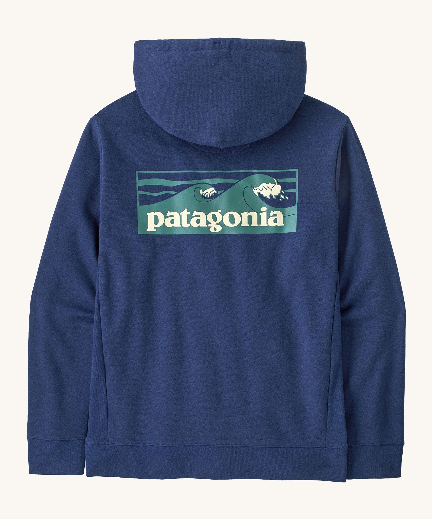 Patagonia men's Boardshort Logo Uprisal Hoody in clement blue. A thick hooded pull over with a large brand patch in a wave design 