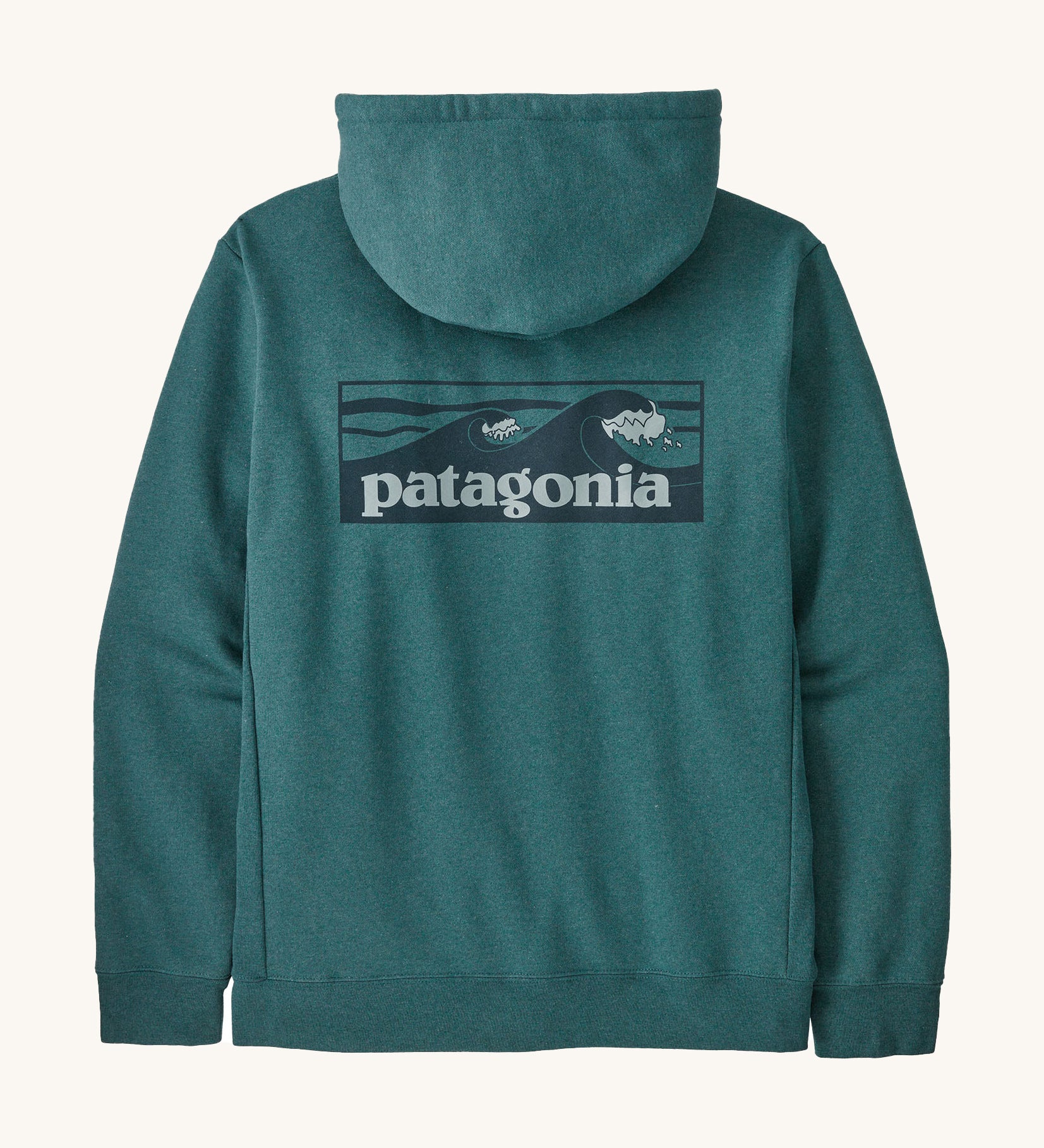 Patagonia men's uprisal hoodie in turquoise with boarshort logo on the back on cream background.