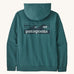 Patagonia men's uprisal hoodie in turquoise with boarshort logo on the back on cream background.