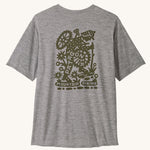 The Patagonia Men's Capilene Cool Daily Graphic Shirt - Hike-A-Bike / Feather Grey on a plain background. 
