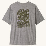 The Patagonia Men's Capilene Cool Daily Graphic Shirt - Hike-A-Bike / Feather Grey on a plain background. 