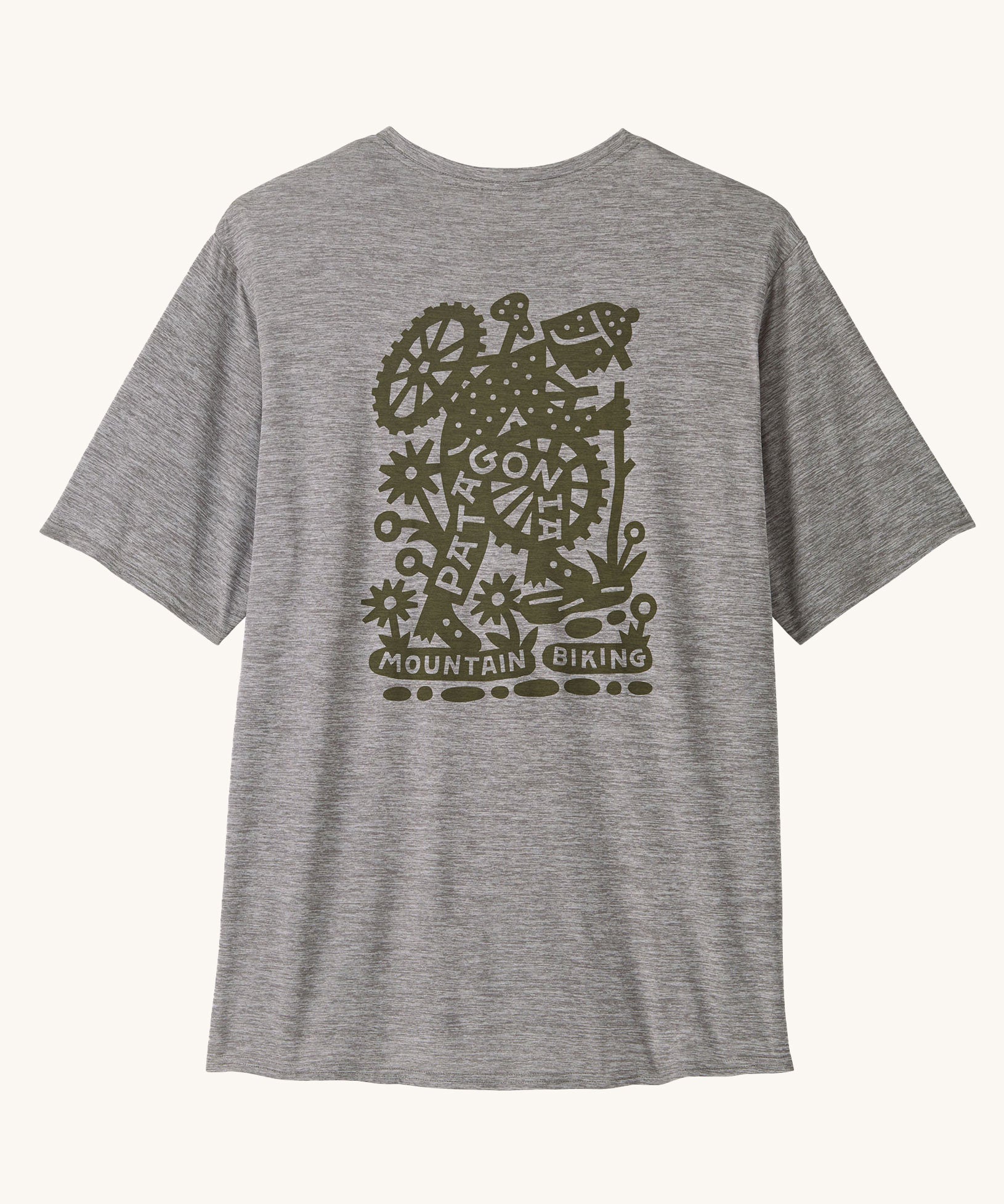 The Patagonia Men's Capilene Cool Daily Graphic Shirt - Hike-A-Bike / Feather Grey on a plain background. 