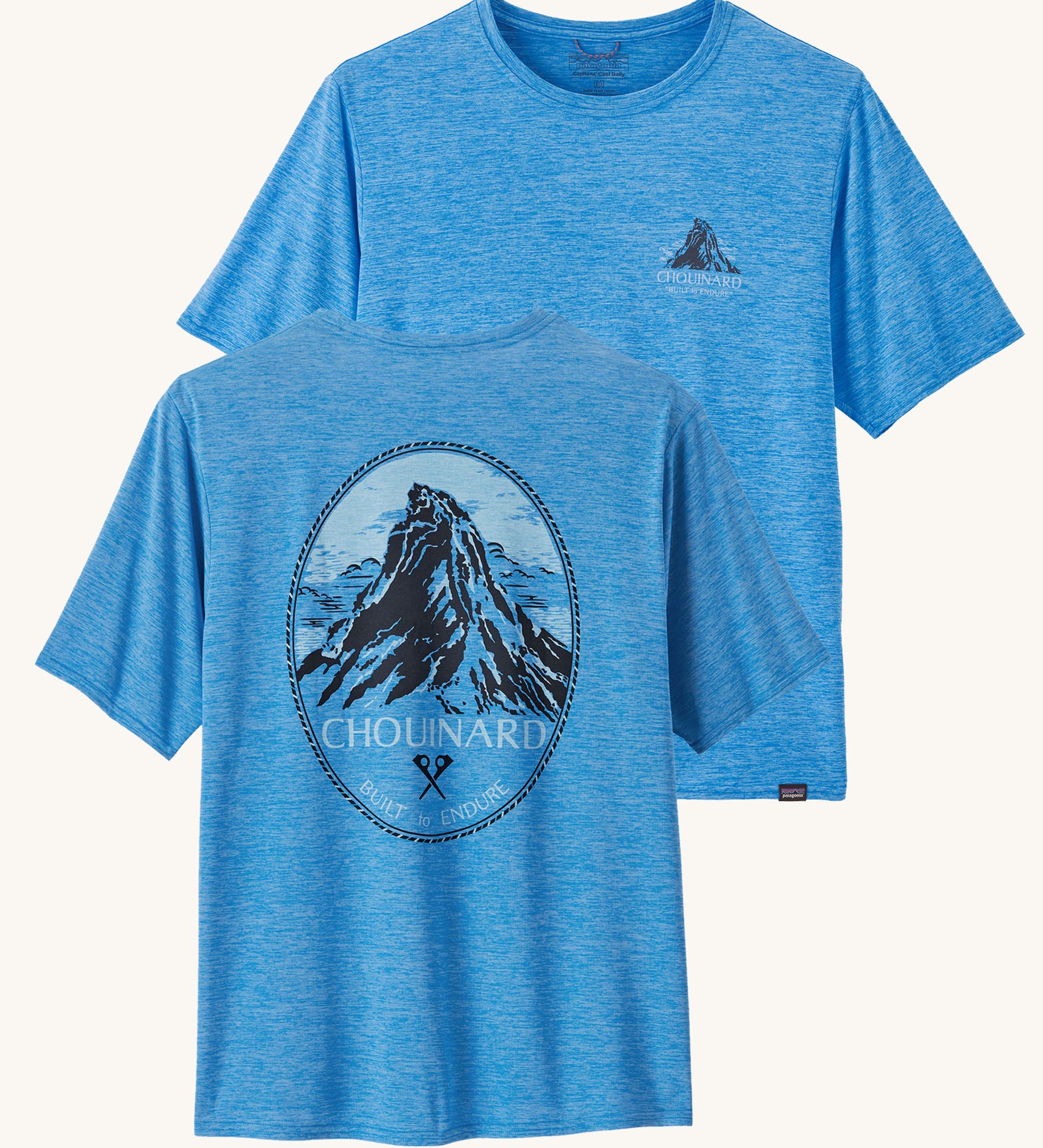 Patagonia Men's Capilene Cool Daily Graphic Shirt - Lands / Vessel Blue on a plain background.