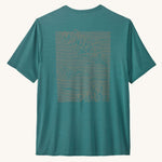 The Patagonia Men's Capilene Cool Daily Graphic Shirt with a Strataspire / Wetland Blue X-Dye design on a plain background. 