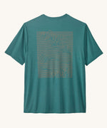 The Patagonia Men's Capilene Cool Daily Graphic Shirt with a Strataspire / Wetland Blue X-Dye design on a plain background. 