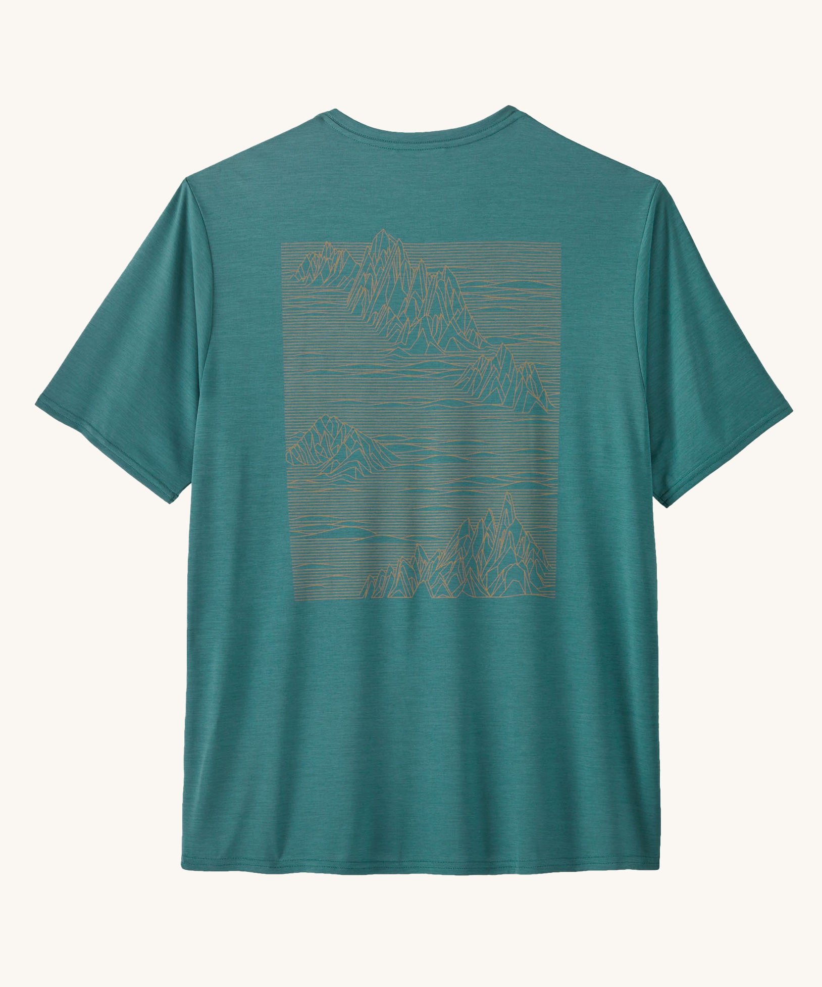 The Patagonia Men's Capilene Cool Daily Graphic Shirt with a Strataspire / Wetland Blue X-Dye design on a plain background. 