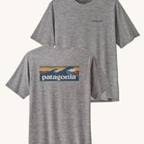 Patagonia Men's Capilene Cool Daily Graphic Shirt with a Waters / Feather Grey showing both sides of the t-shirt. 