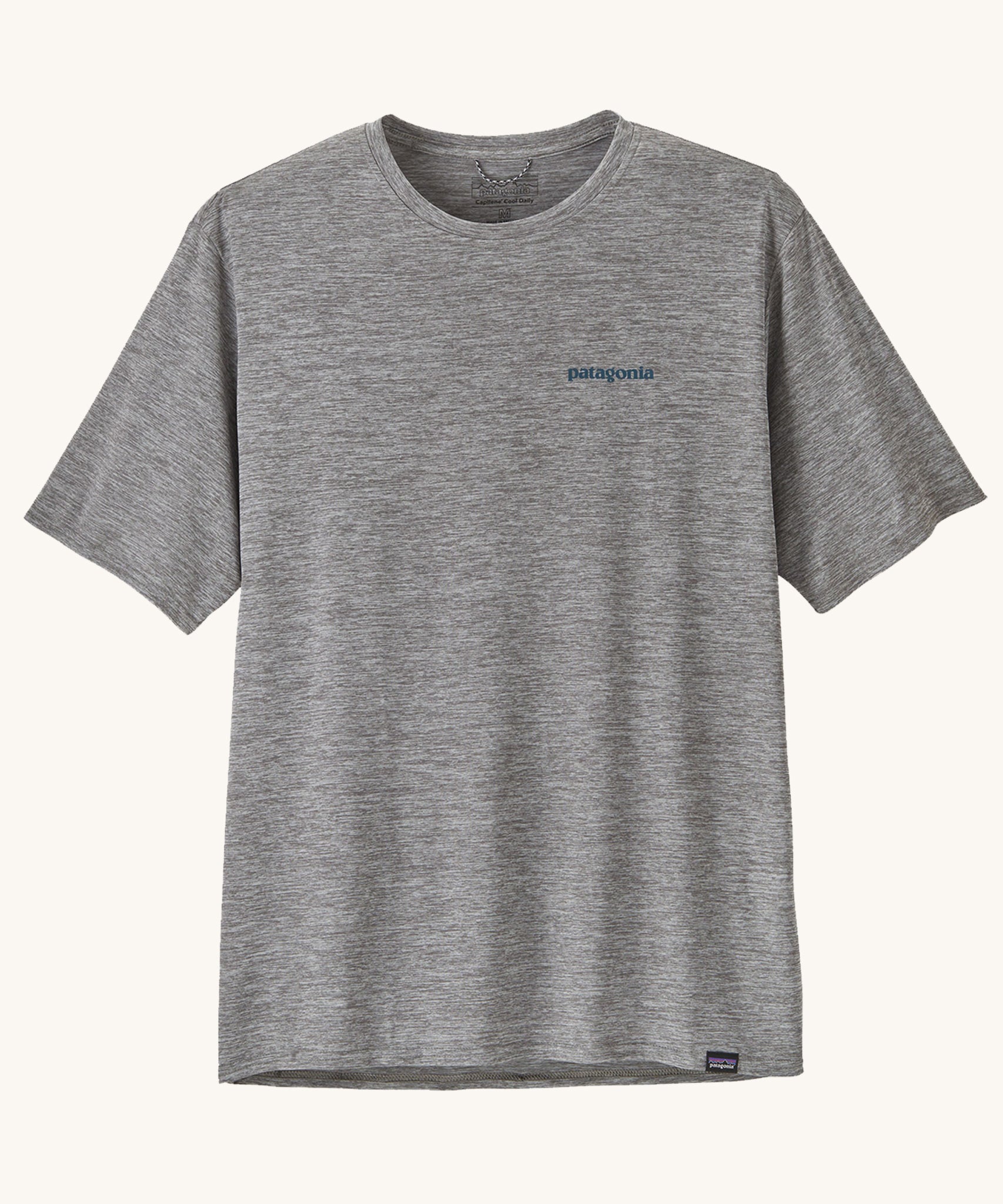 Patagonia Men's Capilene Cool Daily Graphic Shirt with a Waters / Feather Grey design, showing the front of the t-shirt. 